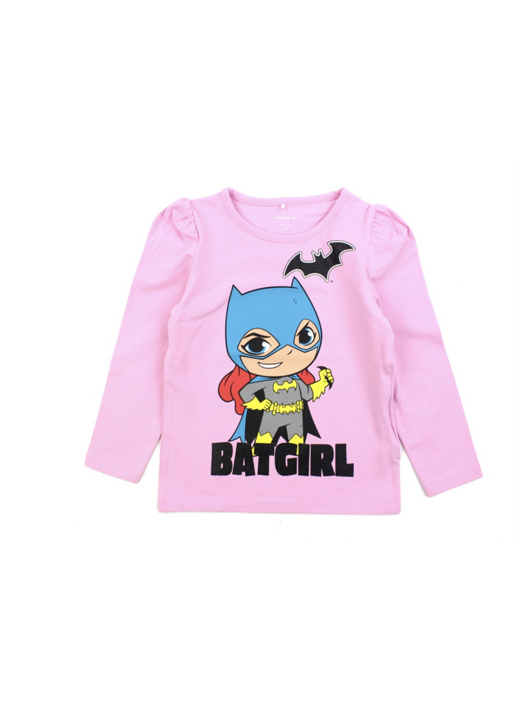 Schattig shirt voor meisjes in roze met print van Batgirl en pofmouwen. 