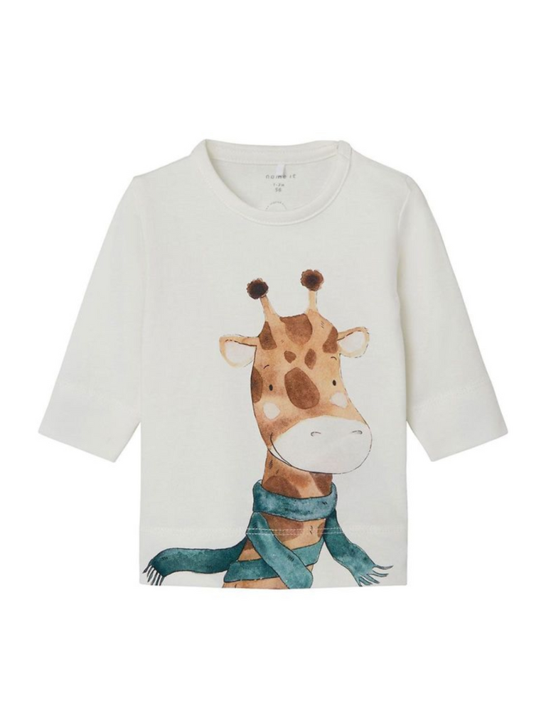 hemd voor kinderen en babies. wit, lange mouwen en ronde hals. Print met giraffe.