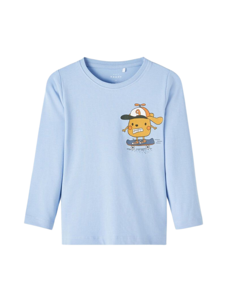 Lichtblauw shirt voor kinderen met print. Merk name it. Regular fit en ronde hals 
