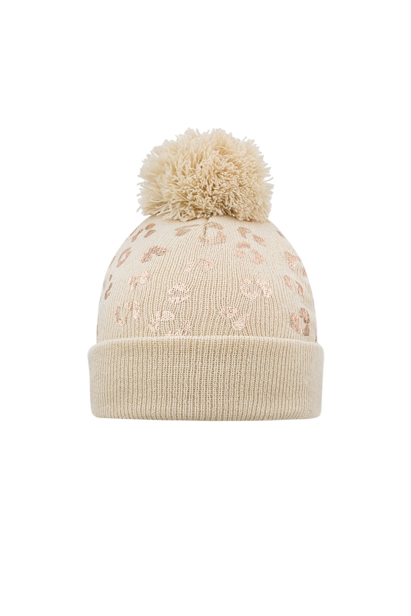 Muts voor meisjes in tijgerprint in het beige met pompon