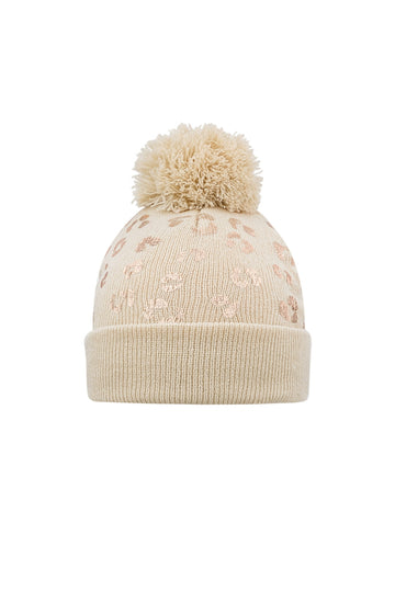Muts voor meisjes in tijgerprint in het beige met pompon
