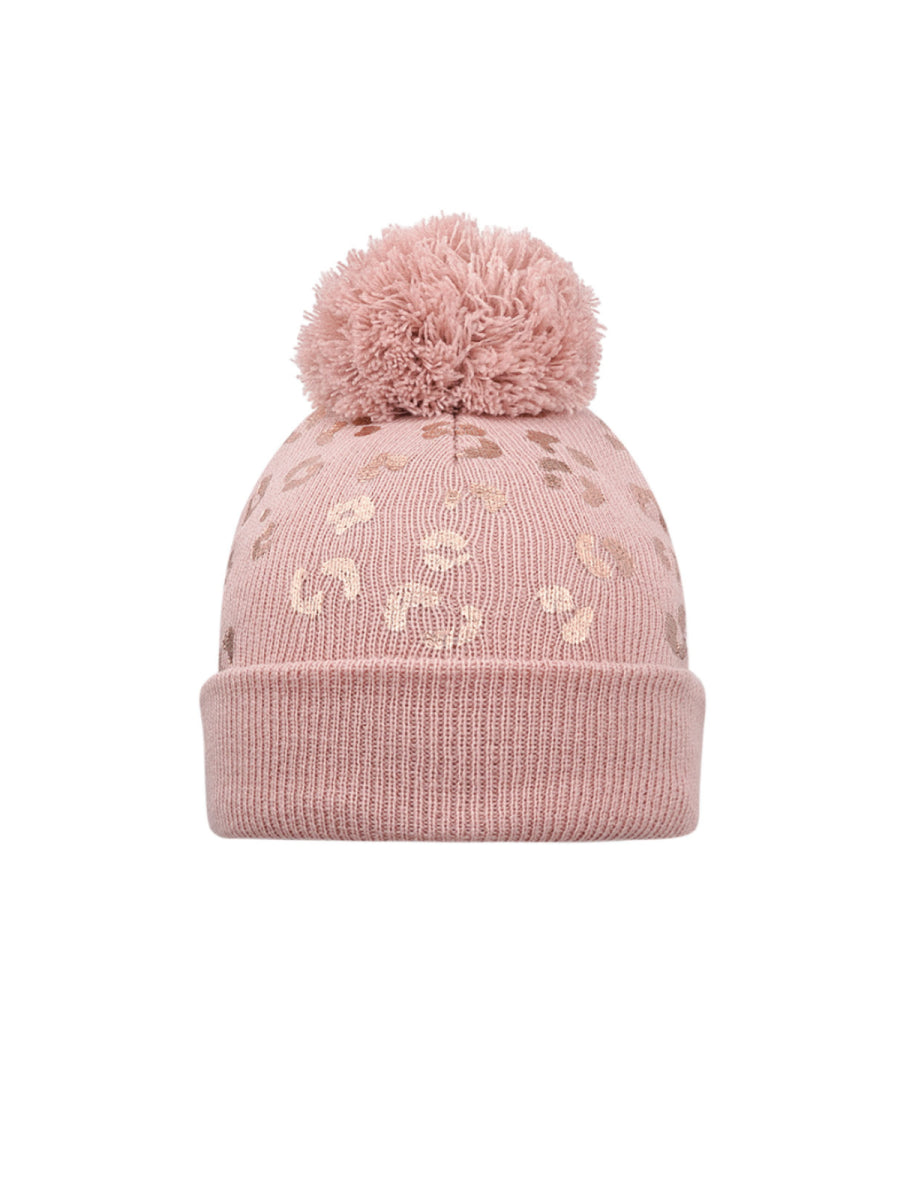 Muts in het roze met tijgerprint en pompon