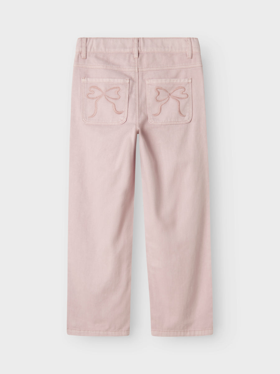 Roze broek voor meisjes in wide fit van name it met print van strik